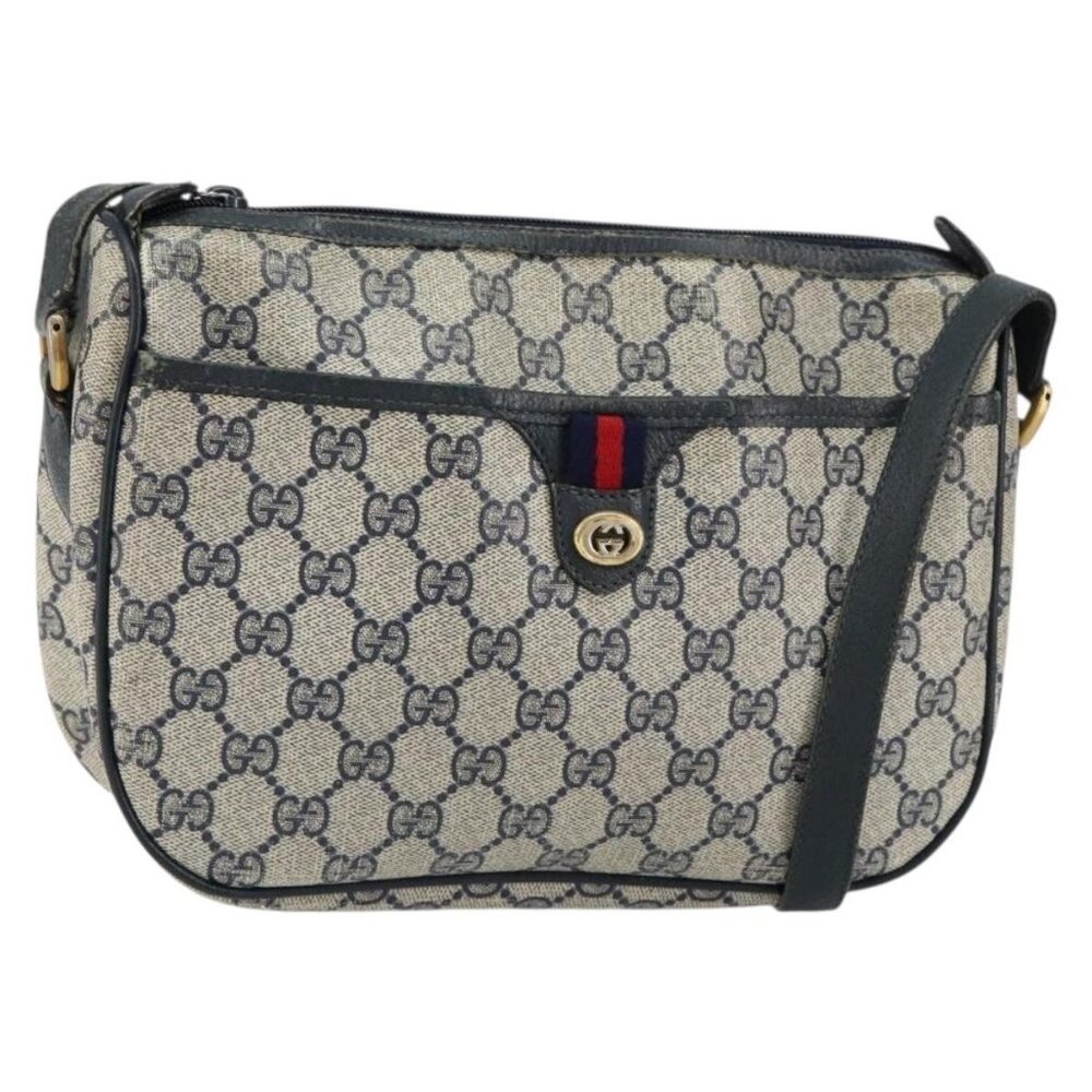 Authentic GUCCI GG Supreme Sherry Line Shoulder Bag PVC Navy Gold 89 02 077